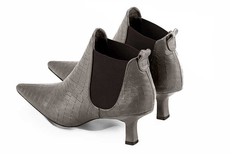 Ash grey and dark brown women's ankle boots, with elastics. Pointed toe. Medium spool heels. Rear view - Florence KOOIJMAN